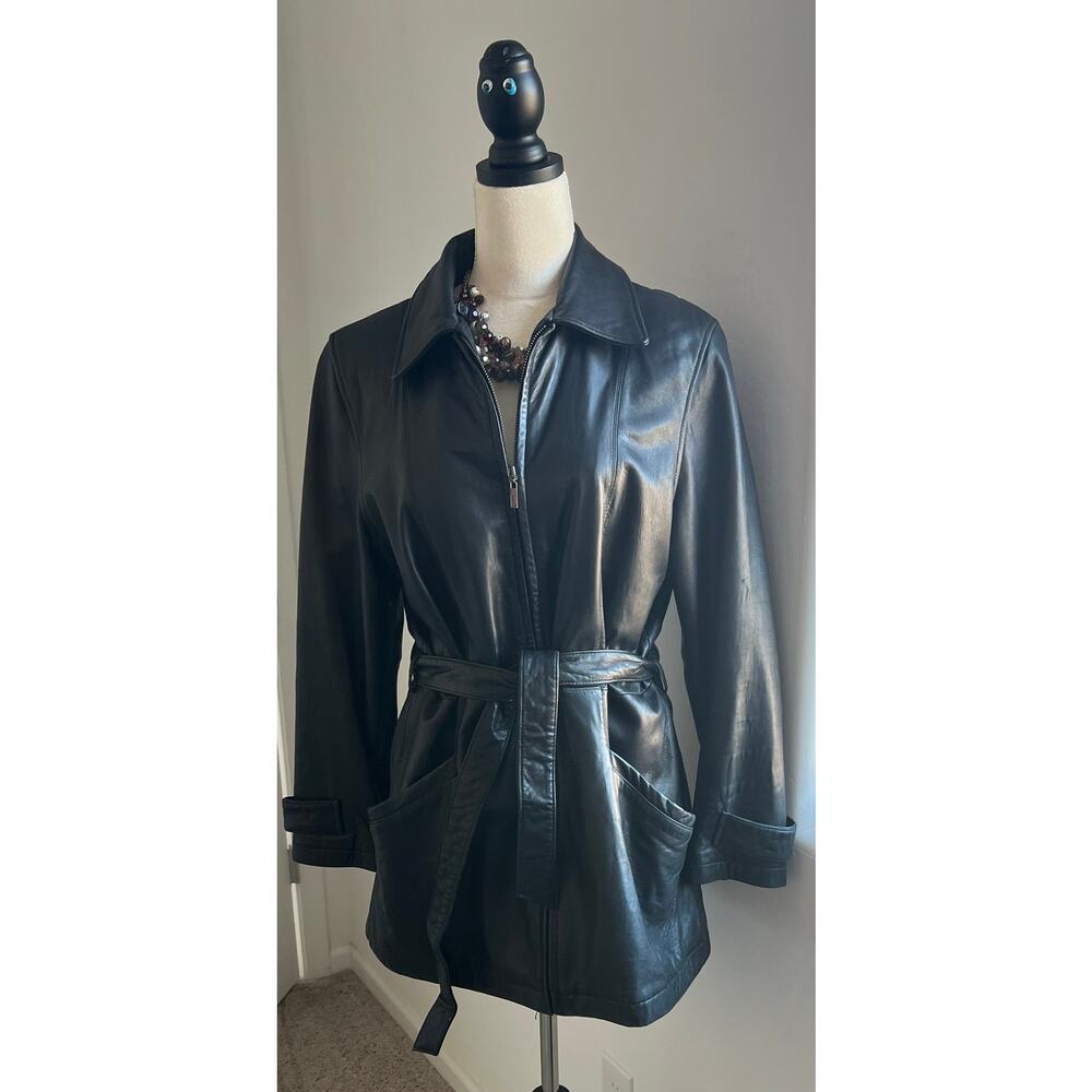 Adler Collection Women’s Black Leather Real Lamb Zip Up Belted Jacket Coat‎ Sz M